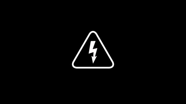 High voltage warning sign animation with lightning bolt on black background. Triangle warning alert icon ideal for electrical safety articles, technology themed designs and futuristic digital concepts