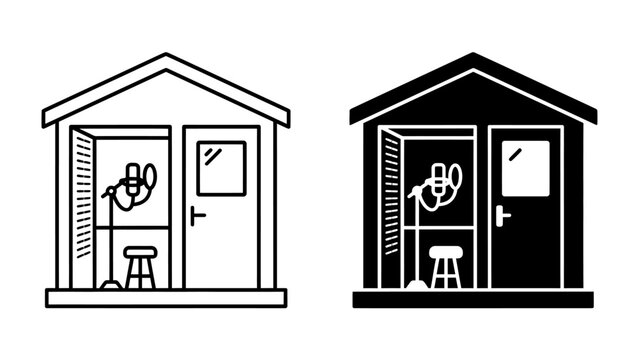 Radio Booth Duo: Two stylized illustrations depict a small radio booth, one in outline and the other in solid black. Each shows a microphone on a stand, a stool, and a door.