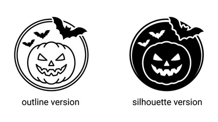 Halloween Pumpkin Icon Set: A set of two circular icons featuring a carved Halloween pumpkin with a spooky face and flying bats, presented in both outline and silhouette versions. © has