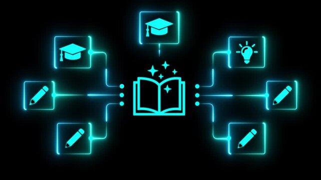 User holding navigate digital education system black background with graduation and book icons, online learning interface, banner displaying creative learning concepts, motion graphics.