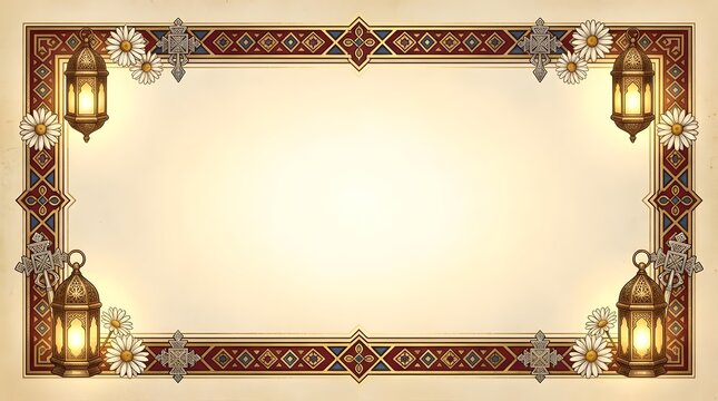 Decorative Ethiopian orthodox frame with lanterns and flowers background