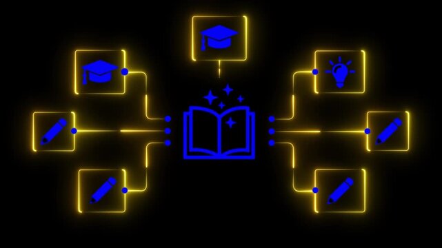 User holding navigate digital education system black background with graduation and book icons, online learning interface, banner displaying creative learning concepts, motion graphics.