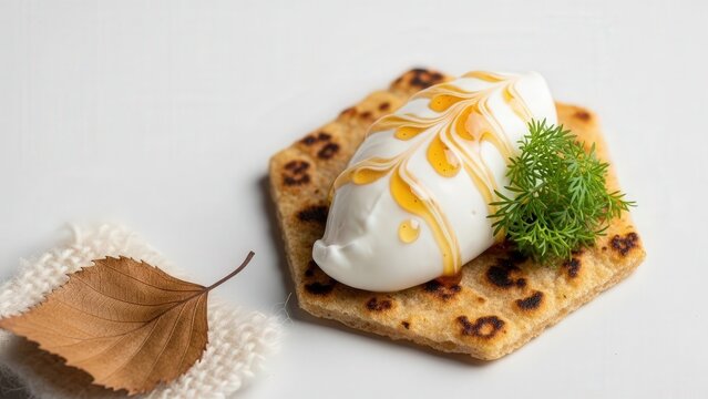 Elegant Flatbread with Skyr Mousse and Birch Syrup Gel on Glacier White Copy Space