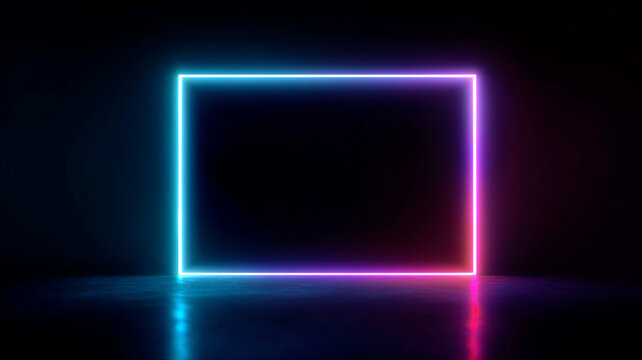 glowing neon frame floating in dark space, clean minimal tech background, large copy space