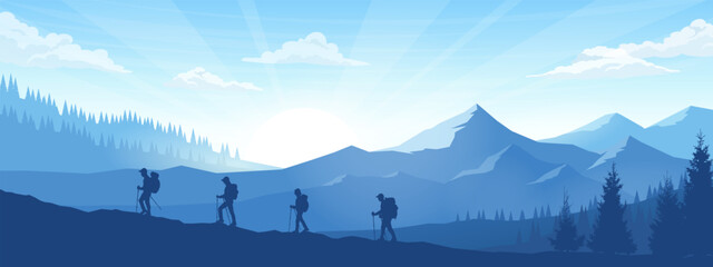Silhouettes of hikers with backpacks and trekking poles ascending mountain ridge at sunrise. Panoramic view of mountain peaks and coniferous forest. Tourism and travel vector illustration. © i_mARTy