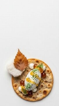 Elegant Flatbread with Skyr Mousse and Birch Syrup Gel on Glacier White Copy Space