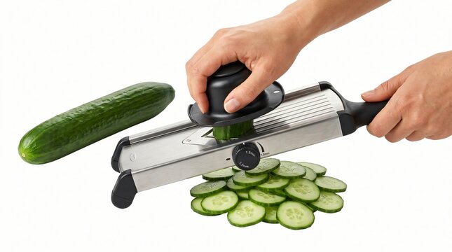 Close-up of hands using a mandoline slicer to cut a fresh cucumber into thin, even slices on a clean white background