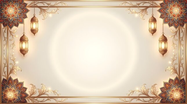 Golden ornamental background with hanging lanterns and floral mandala