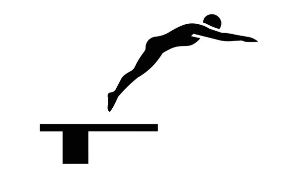 Minimalist black icon of a diver in a sharp pike position jumping from a diving board with clean geometric shapes isolated on a white background sports concept