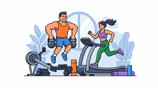 Athletic man and woman exercising with gym equipment indoors