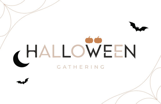 Minimalist Scandinavian Halloween Gathering Typography Banner with Pumpkins and Bats
