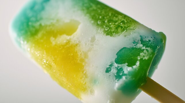 Close-up of a mint popsicle surface, melting juicy fruit ice texture