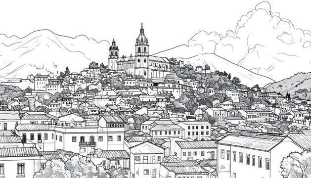 Black and White Sketchy Illustration of a Village Landscape with Buildings and Mountains