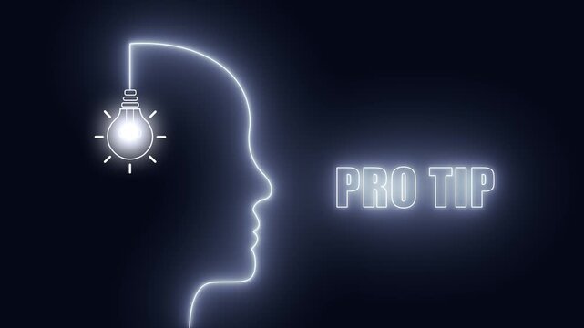 Neon profile of a human head with a glowing pink light bulb and pro tip text, concept for expert advice and advanced solutions,
