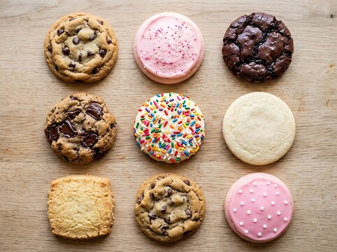 Delicious assortment of nine different cookies and sweet treats arranged on wooden surface