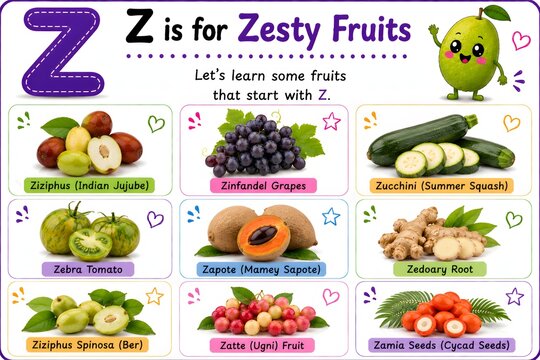 Educational alphabet chart featuring fruits starting with the letter z including ziziphus grapes zucchini and tomato