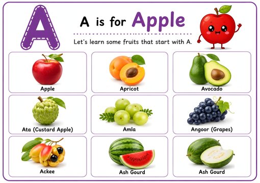 Educational alphabet chart for children featuring fruits starting with the letter a like apples, apricots, and avocados