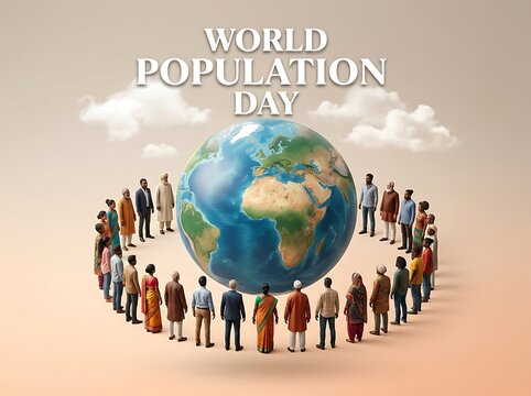 Diverse group of people standing around a globe celebrating world population day together happily