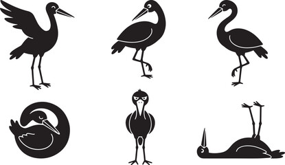 Obraz premium Black cranes, vector cranes, bird silhouettes, animal icons, wildlife graphics isolated on Transparent Background