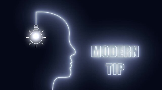 Glowing neon human head profile with bright pink light bulb representing creative modern tip and contemporary thinking idea