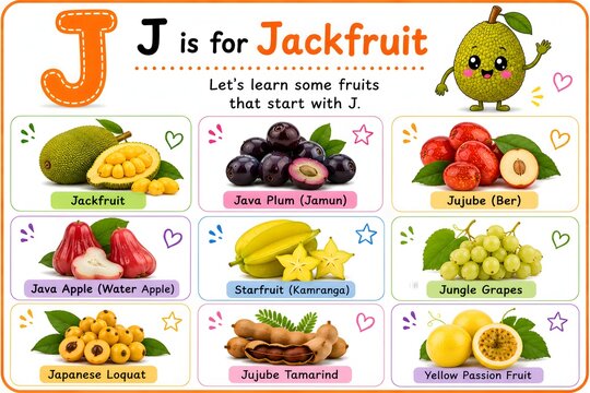 Educational alphabet chart for kids featuring fruits starting with the letter j like jackfruit, java plum, and jujube
