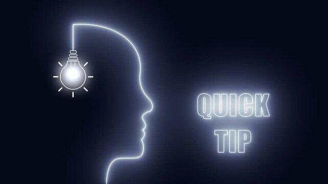 Quick tip neon concept with a human head profile and glowing light bulb, conceptual illustration for fast learning and advice,
