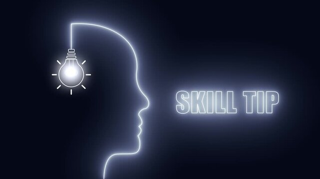 Abstract neon line art of human mind with shining bulb symbolizing innovative skill tip and technical learning concept