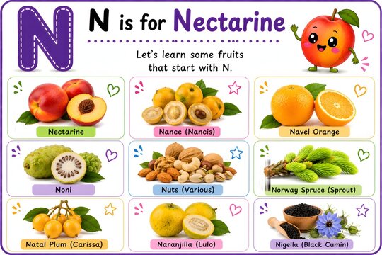 Educational alphabet poster for children featuring the letter n with various fruits like nectarine, nance, and noni