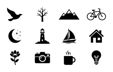 Fototapeta premium Nature and Lifestyle Icons Set: Bird, Tree, Mountains, Bicycle, Moon, Lighthouse, Sailboat, House, Flower, Camera, Coffee Cup, Lightbulb Icons