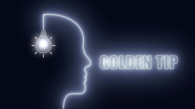Concept of valuable advice with neon light bulb and human face outline, golden tip for success, brain activity, glowing effect