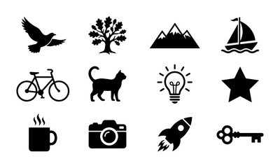 Obraz premium Versatile Vector Icon Set: Nature, Technology, Lifestyle Symbols, 12 Elements for Graphic Design