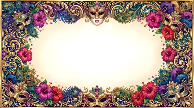 Decorative border with golden carnival masks, peacock feathers and flowers