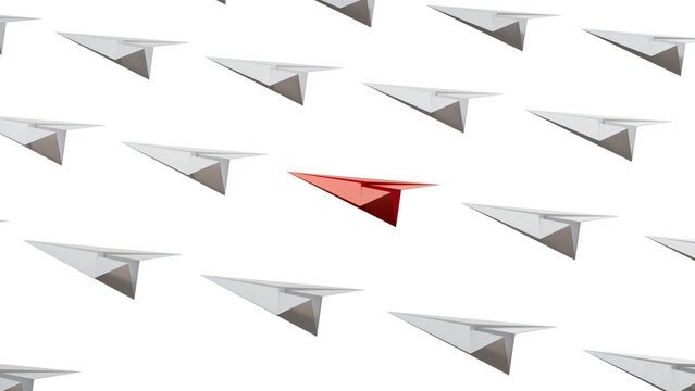 Different business concept.new ideas. paper art style. creative idea. red leader plane, standing out from the crowd of white planes.Supports PNG files with transparent backgrounds.
