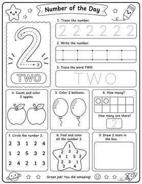 Printable educational worksheet for children to practice the number two with tracing, counting, and coloring activities