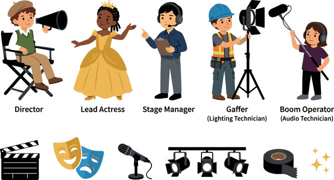 Movie Production and Theater Stage Crew Clipart Collection Vector Featuring Flat Cartoon Director Chair Lead Actress Stage Manager Gaffer Spotlight and Boom Operator Elements