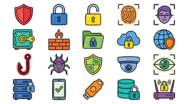 Crayon Style Cybersecurity Icon Set Illustration