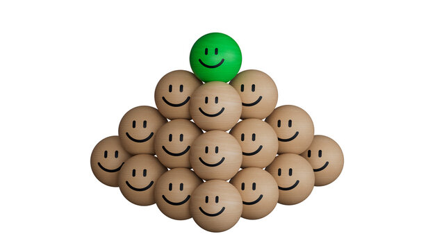 GREEN leader of business pyramid.Wood BALL with smile face. Facial expressions. Mental health assessment.Supports PNG files with transparent backgrounds.