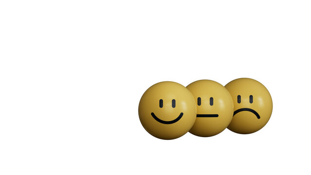 Smiley face in front of normal and sadness face which print screen on yellow BALL block, emotion selection for customer satisfaction and evaluation concept.