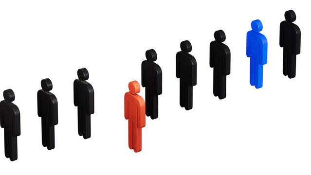 The concept of an initiative employee is leader. From the crowd of Wooden dolls came out one blue leader.Leadership with business success concept.Supports PNG files