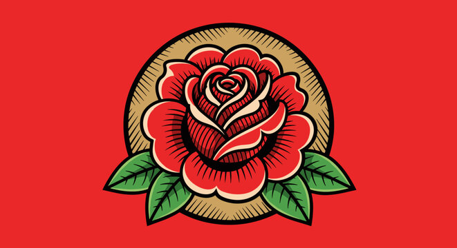 Vintage style red rose illustration on red background.