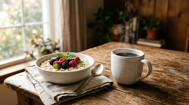 Delicious oatmeal with berries and steaming coffee on wooden table by window
