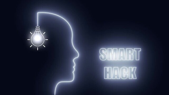 Smart hack neon head with glowing bulb for clever lifestyle solutions and intelligent problem solving in daily life reels