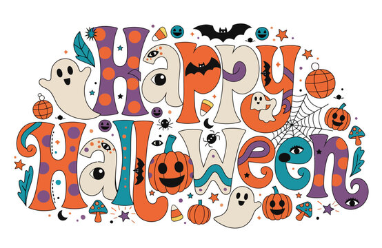 Retro Playful Happy Halloween Typography with Cute Ghosts, Pumpkins, and Bats
