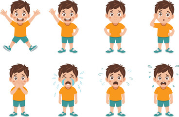Fototapeta premium Cute Cartoon Boy Showing Different Emotions and Facial Expressions Character Set Isolated on White Background
