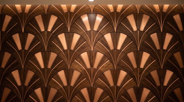 Art deco style wall paneling with geometric fan patterns in dark wood and copper accents