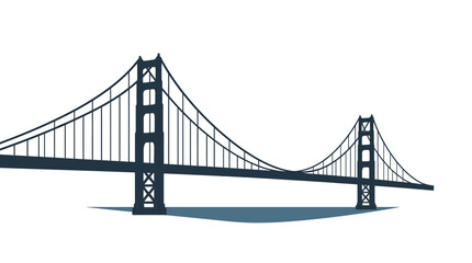 Fototapeta premium Stylized dark blue silhouette of a suspension bridge resembling the Golden Gate Bridge, featuring tall art deco towers and suspension cables, isolated on a white background.
