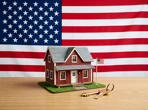 Miniature red house model with american flag background and golden keys on wooden table