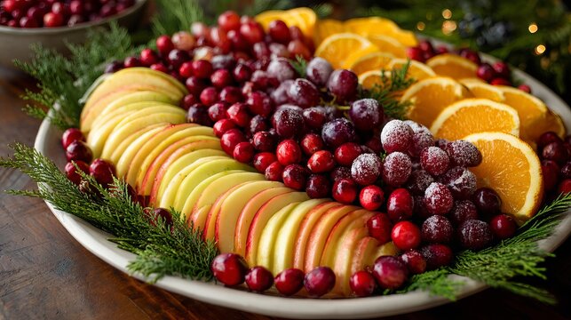 Festive holiday fruit platter with cranberries, apples, oranges, and greenery, a vibrant and delicious seasonal arrangement