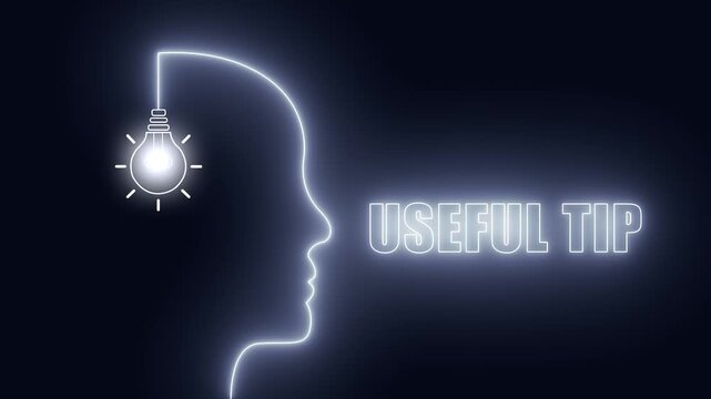 Neon human head silhouette with a glowing pink light bulb and useful tip text, conceptual illustration for helpful advice,