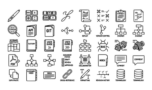 Minimalist thin line writing icon vector collection with sharp outline symbols for digital publishing and software documentation